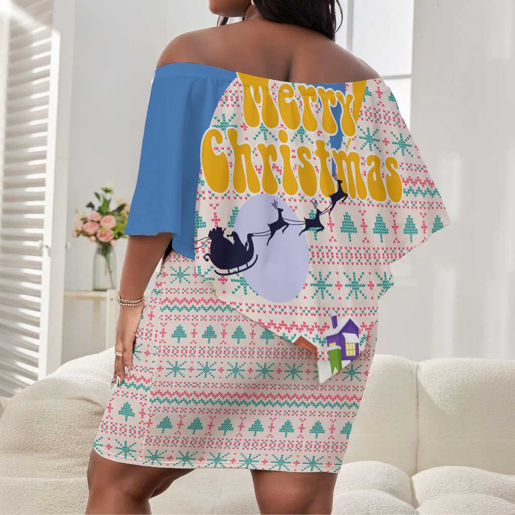Somalia Christmas Off Shoulder Short Dress Santa Cheetah Christmas Tree Village Scene and Festive Snowflake - African Pride