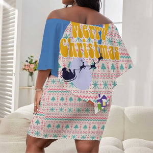 Somalia Christmas Off Shoulder Short Dress Santa Cheetah Christmas Tree Village Scene and Festive Snowflake - African Pride