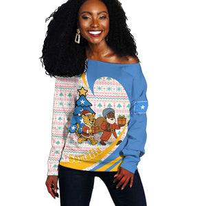 Somalia Christmas Off Shoulder Sweater Santa Cheetah Christmas Tree Village Scene and Festive Snowflake - African Pride