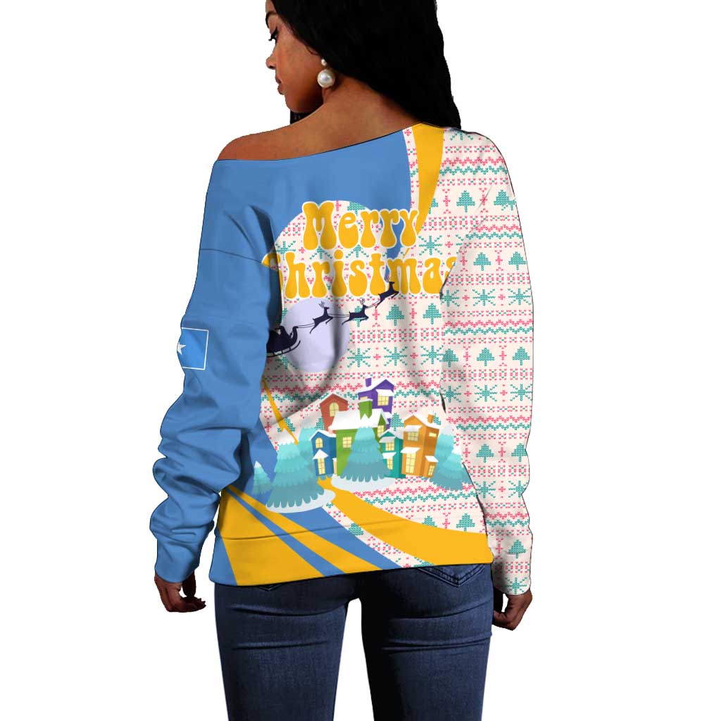 Somalia Christmas Off Shoulder Sweater Santa Cheetah Christmas Tree Village Scene and Festive Snowflake - African Pride