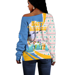 Somalia Christmas Off Shoulder Sweater Santa Cheetah Christmas Tree Village Scene and Festive Snowflake - African Pride