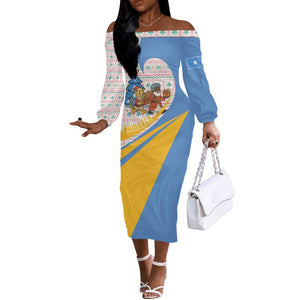 Somalia Christmas Off The Shoulder Long Sleeve Dress Santa Cheetah Christmas Tree Village Scene and Festive Snowflake - African Pride