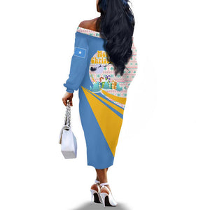 Somalia Christmas Off The Shoulder Long Sleeve Dress Santa Cheetah Christmas Tree Village Scene and Festive Snowflake - African Pride