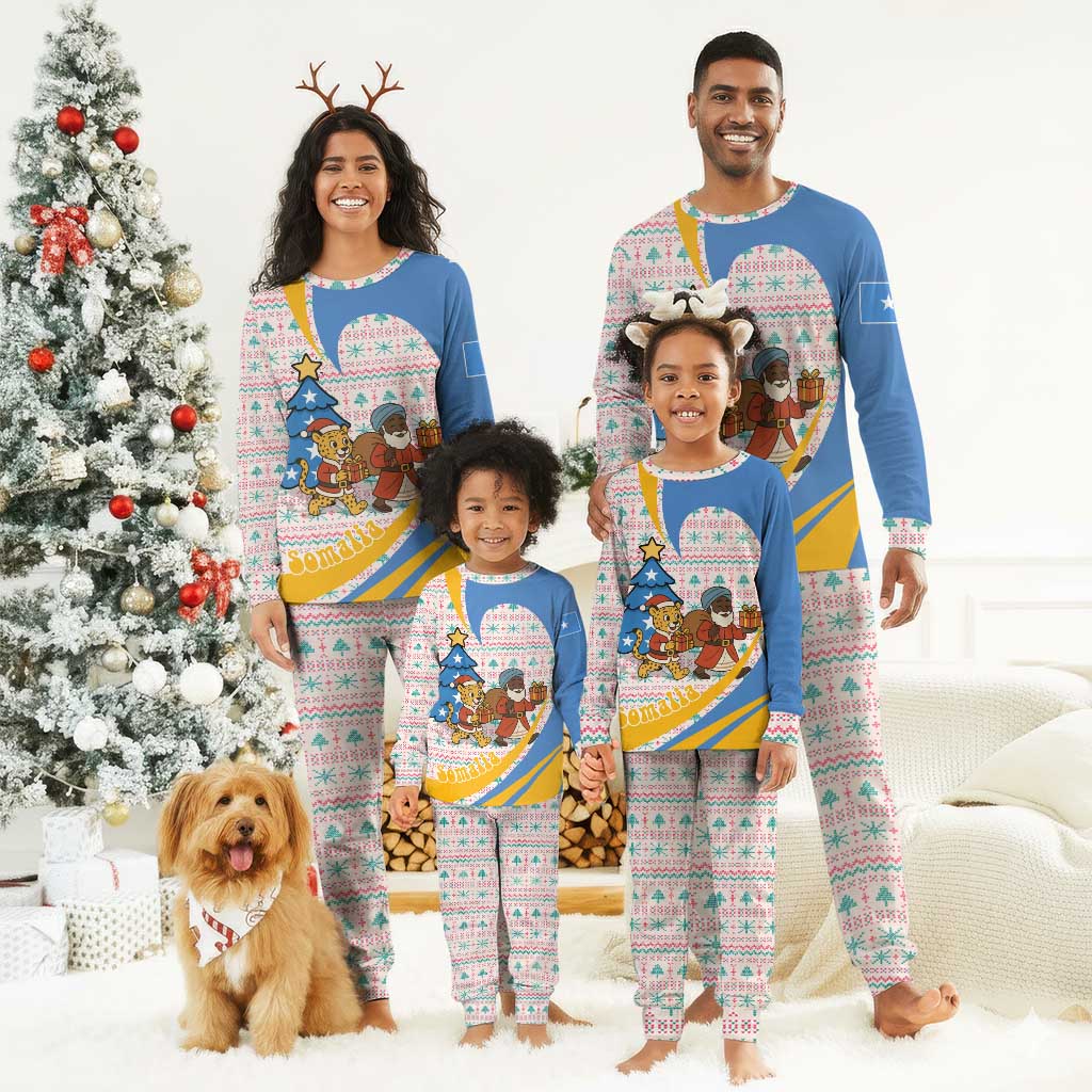 Somalia Christmas Pajama Set Santa Cheetah Christmas Tree Village Scene and Festive Snowflake - African Pride