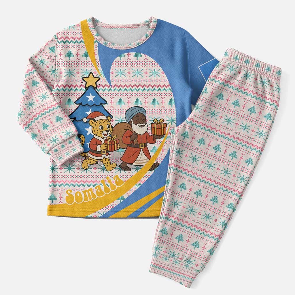 Somalia Christmas Pajama Set Santa Cheetah Christmas Tree Village Scene and Festive Snowflake - African Pride