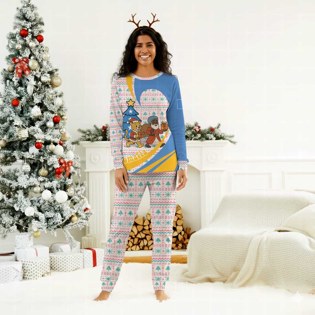 Somalia Christmas Pajama Set Santa Cheetah Christmas Tree Village Scene and Festive Snowflake - African Pride