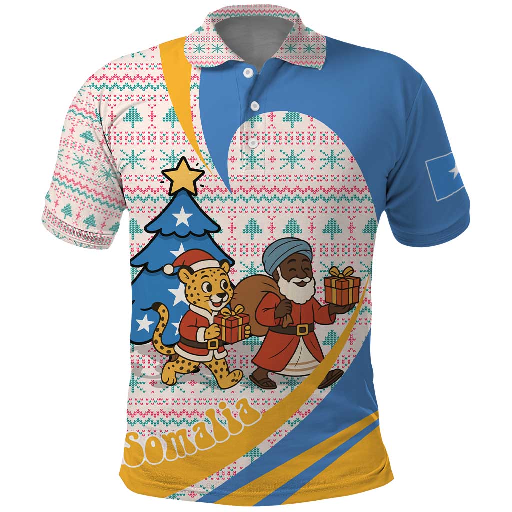Somalia Christmas Polo Shirt Santa Cheetah Christmas Tree Village Scene and Festive Snowflake - African Pride