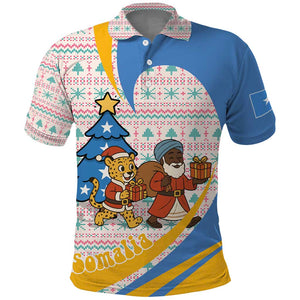 Somalia Christmas Polo Shirt Santa Cheetah Christmas Tree Village Scene and Festive Snowflake - African Pride