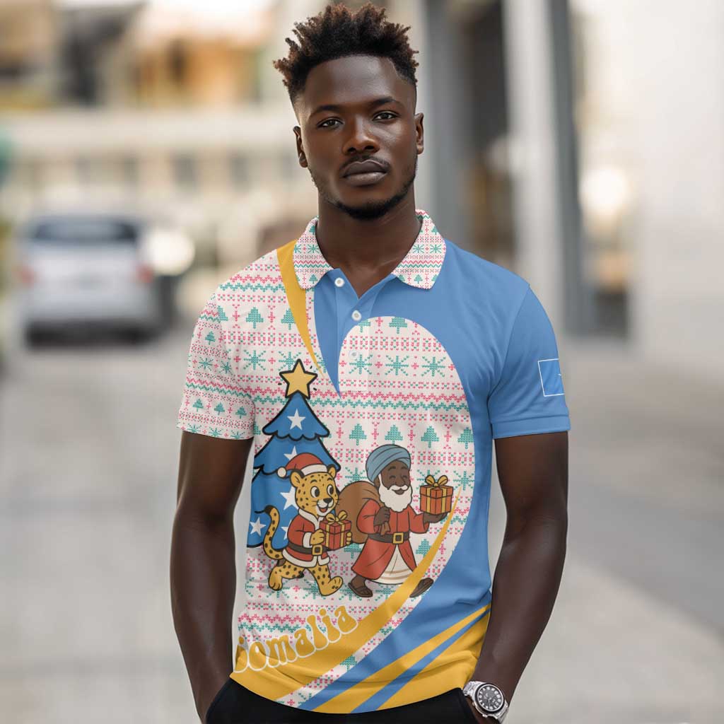 Somalia Christmas Polo Shirt Santa Cheetah Christmas Tree Village Scene and Festive Snowflake - African Pride