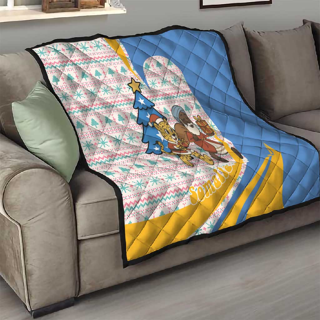 Somalia Christmas Quilt Santa Cheetah Christmas Tree Village Scene and Festive Snowflake - African Pride