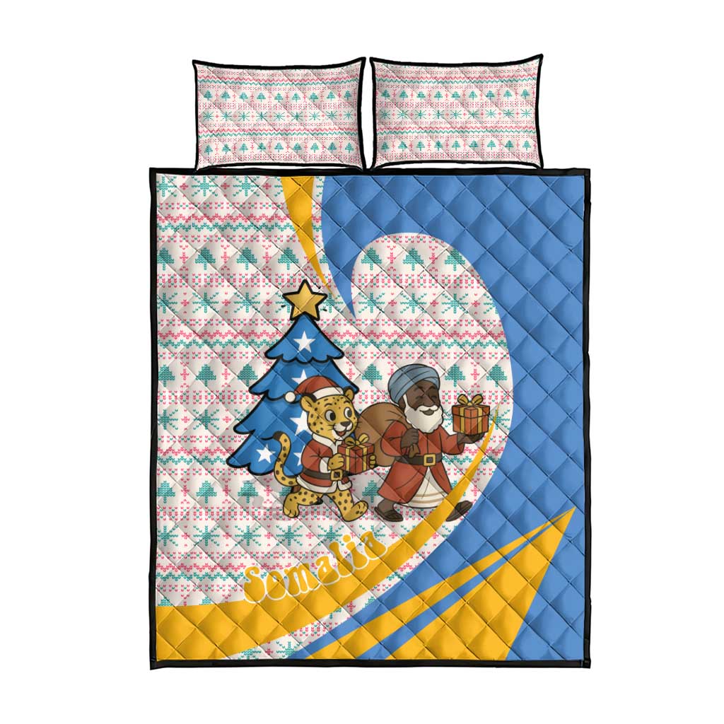 Somalia Christmas Quilt Bed Set Santa Cheetah Christmas Tree Village Scene and Festive Snowflake - African Pride