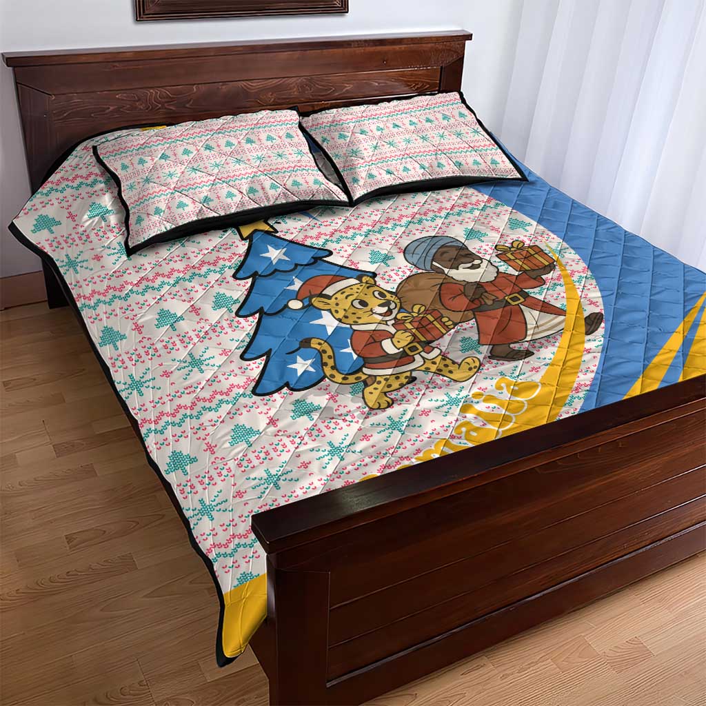 Somalia Christmas Quilt Bed Set Santa Cheetah Christmas Tree Village Scene and Festive Snowflake - African Pride