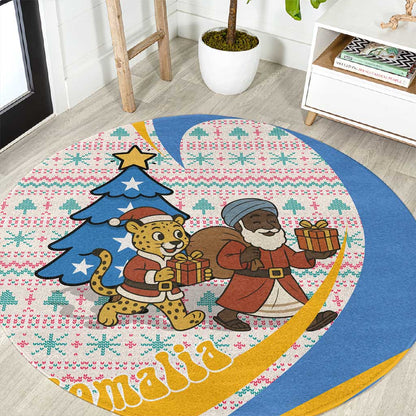 Somalia Christmas Round Carpet Santa Cheetah Christmas Tree Village Scene and Festive Snowflake - African Pride
