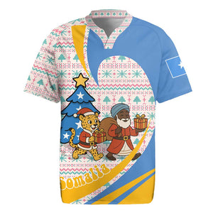 Somalia Christmas Rugby Jersey Santa Cheetah Christmas Tree Village Scene and Festive Snowflake - African Pride