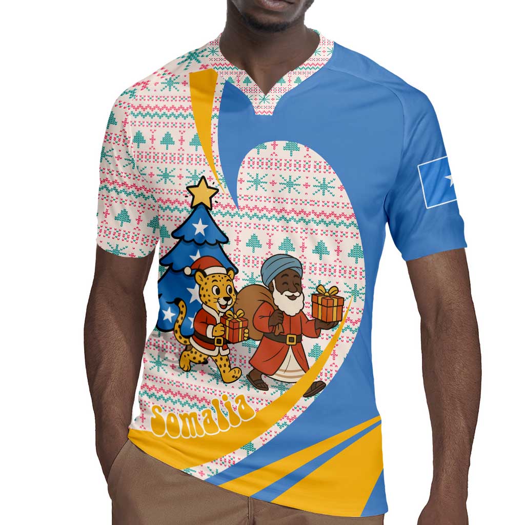 Somalia Christmas Rugby Jersey Santa Cheetah Christmas Tree Village Scene and Festive Snowflake - African Pride