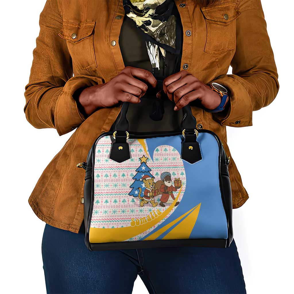 Somalia Christmas Shoulder Handbag Santa Cheetah Christmas Tree Village Scene and Festive Snowflake - African Pride