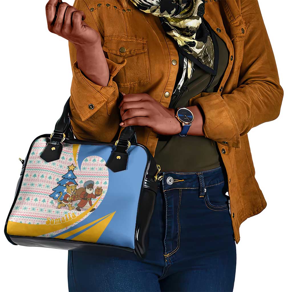 Somalia Christmas Shoulder Handbag Santa Cheetah Christmas Tree Village Scene and Festive Snowflake - African Pride