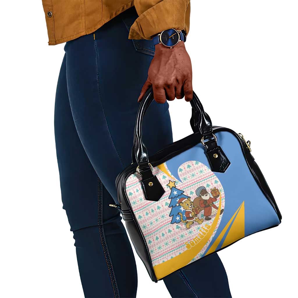 Somalia Christmas Shoulder Handbag Santa Cheetah Christmas Tree Village Scene and Festive Snowflake - African Pride