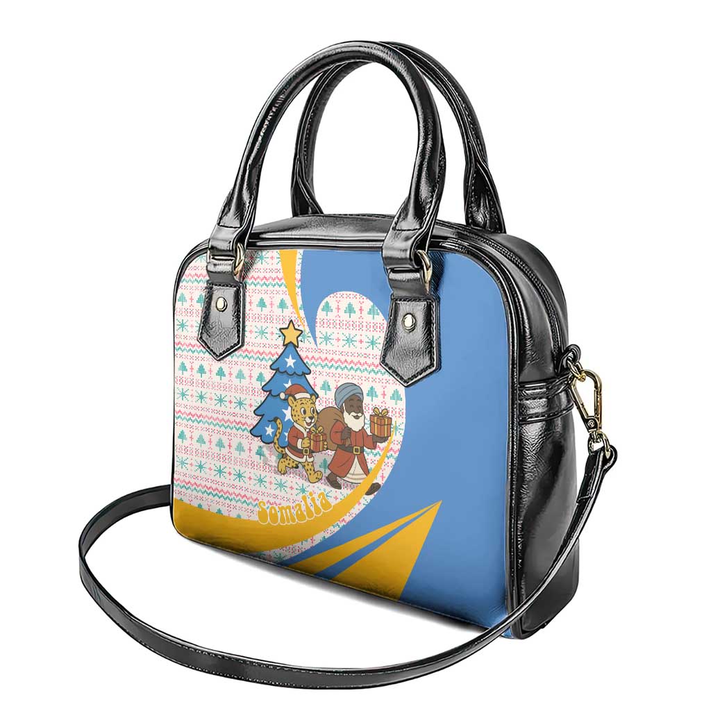 Somalia Christmas Shoulder Handbag Santa Cheetah Christmas Tree Village Scene and Festive Snowflake - African Pride