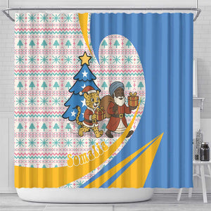 Somalia Christmas Shower Curtain Santa Cheetah Christmas Tree Village Scene and Festive Snowflake - African Pride