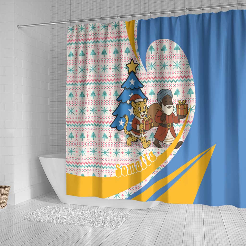 Somalia Christmas Shower Curtain Santa Cheetah Christmas Tree Village Scene and Festive Snowflake - African Pride