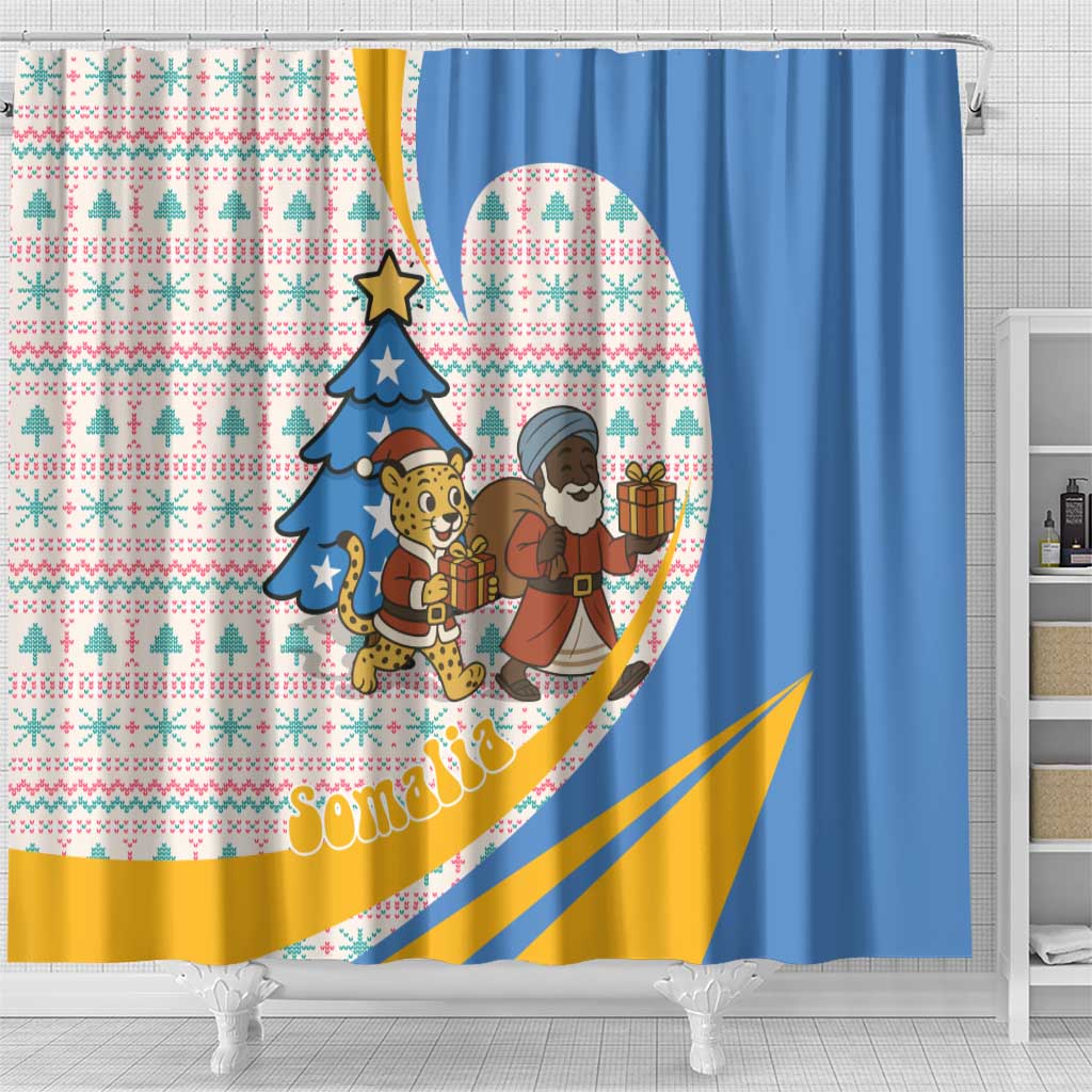 Somalia Christmas Shower Curtain Santa Cheetah Christmas Tree Village Scene and Festive Snowflake - African Pride