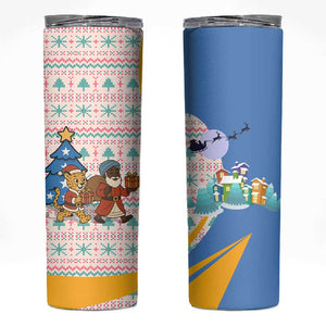 Somalia Christmas Skinny Tumbler Santa Cheetah Christmas Tree Village Scene and Festive Snowflake - African Pride