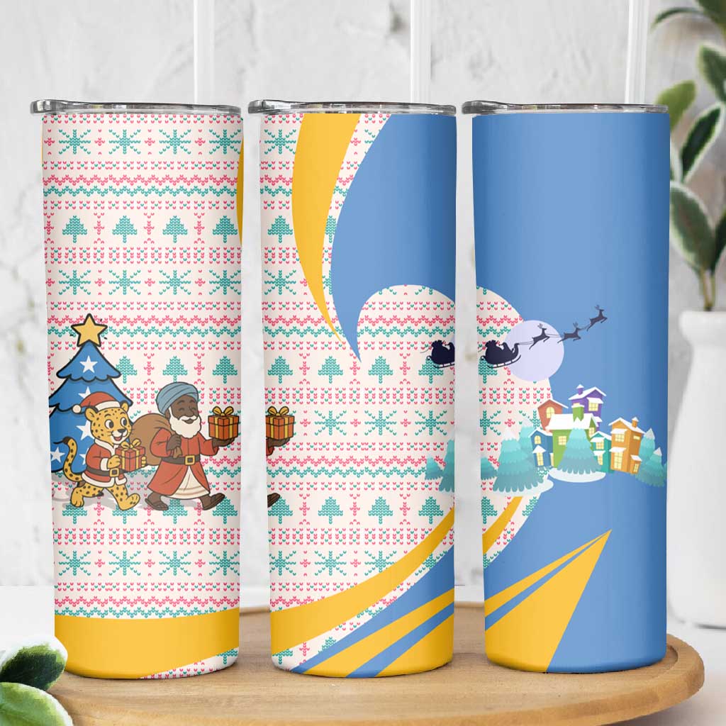 Somalia Christmas Skinny Tumbler Santa Cheetah Christmas Tree Village Scene and Festive Snowflake - African Pride