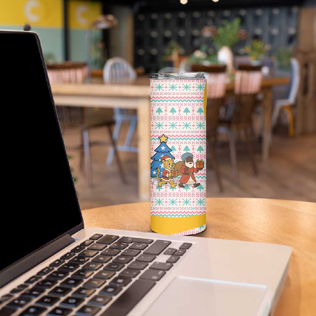 Somalia Christmas Skinny Tumbler Santa Cheetah Christmas Tree Village Scene and Festive Snowflake - African Pride