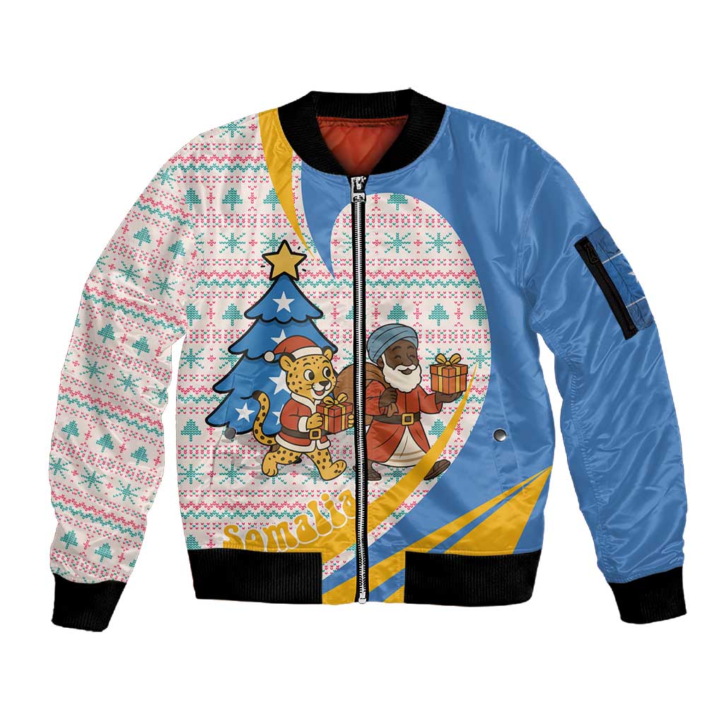 Somalia Christmas Sleeve Zip Bomber Jacket Santa Cheetah Christmas Tree Village Scene and Festive Snowflake - African Pride