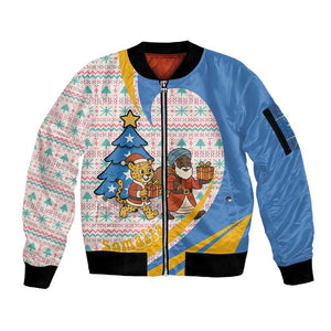 Somalia Christmas Sleeve Zip Bomber Jacket Santa Cheetah Christmas Tree Village Scene and Festive Snowflake - African Pride