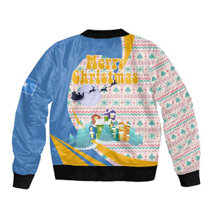 Somalia Christmas Sleeve Zip Bomber Jacket Santa Cheetah Christmas Tree Village Scene and Festive Snowflake - African Pride