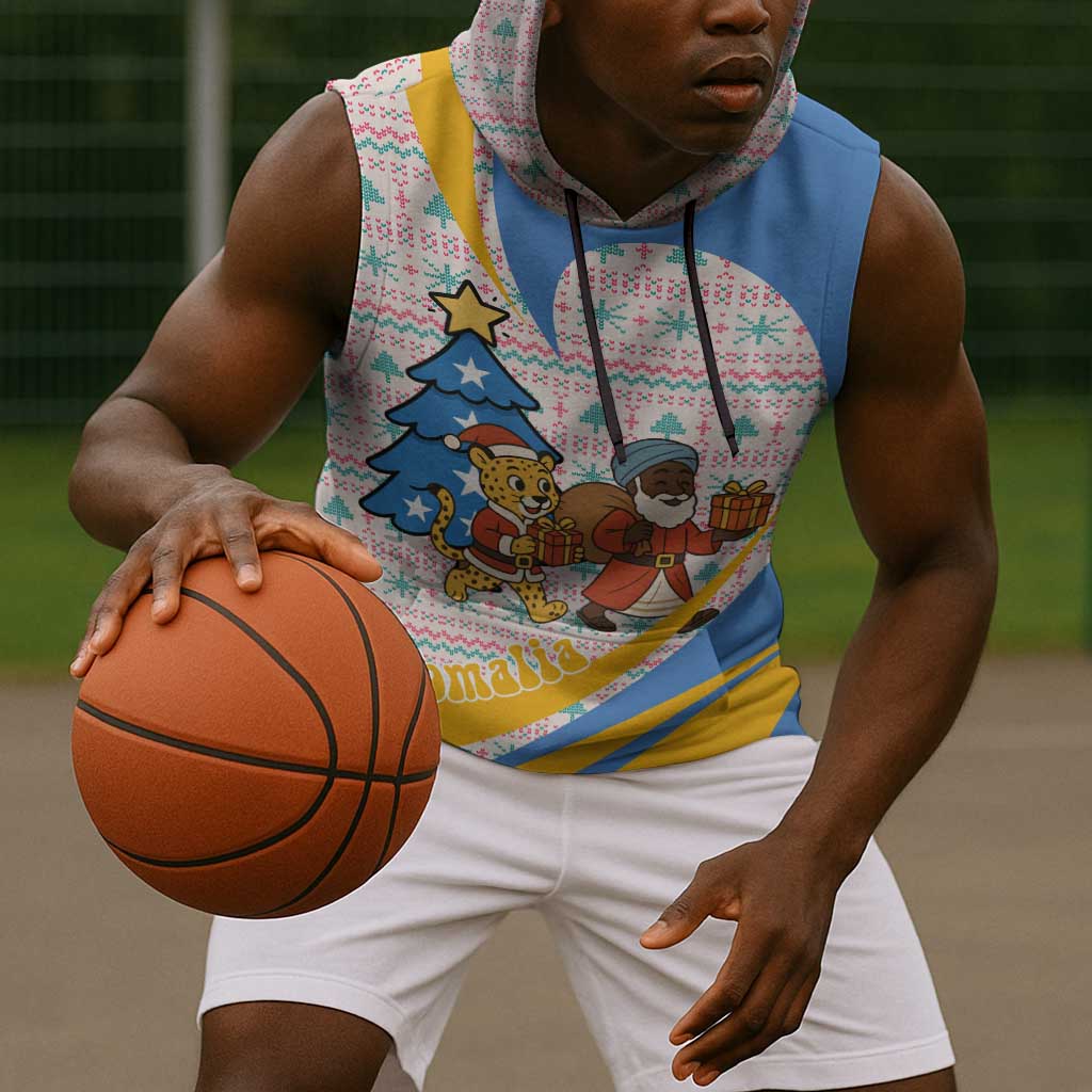 Somalia Christmas Sleeveless Hoodie Santa Cheetah Christmas Tree Village Scene and Festive Snowflake - African Pride
