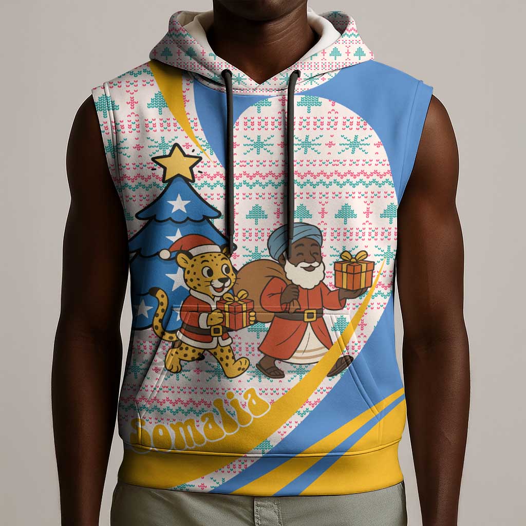 Somalia Christmas Sleeveless Hoodie Santa Cheetah Christmas Tree Village Scene and Festive Snowflake - African Pride
