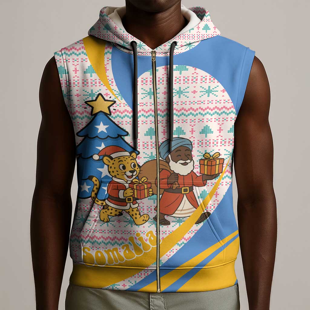 Somalia Christmas Sleeveless Zip Hoodie Santa Cheetah Christmas Tree Village Scene and Festive Snowflake - African Pride