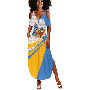 Somalia Christmas Summer Maxi Dress Santa Cheetah Christmas Tree Village Scene and Festive Snowflake - African Pride