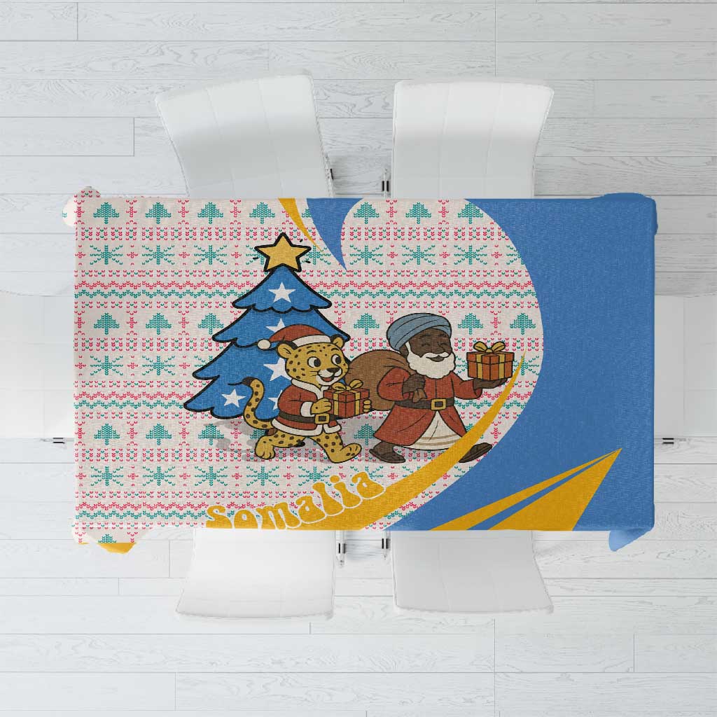 Somalia Christmas Tablecloth Santa Cheetah Christmas Tree Village Scene and Festive Snowflake - African Pride