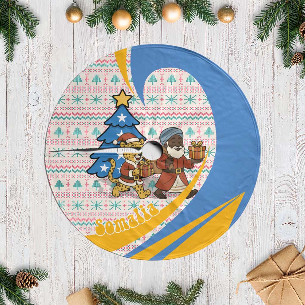 Somalia Christmas Tree Skirt Santa Cheetah Christmas Tree Village Scene and Festive Snowflake - African Pride