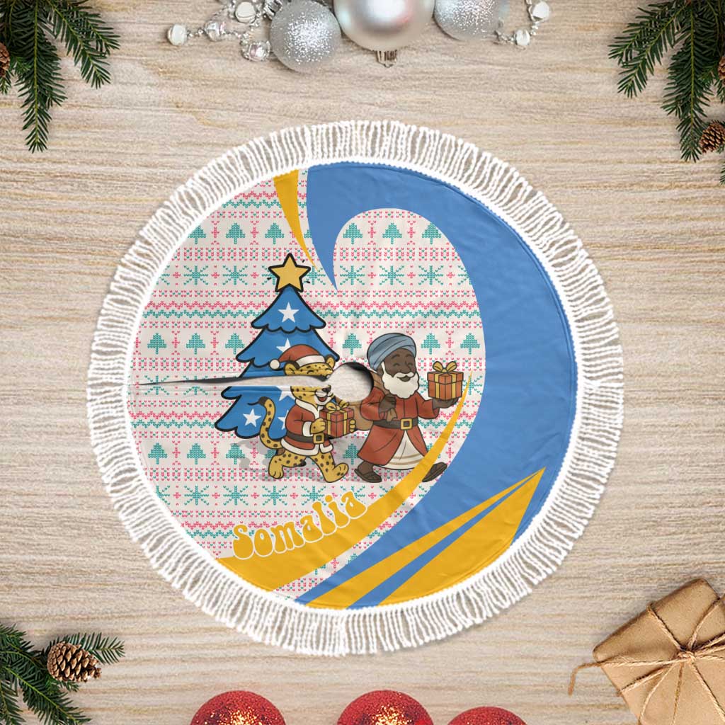 Somalia Christmas Tree Skirt Santa Cheetah Christmas Tree Village Scene and Festive Snowflake - African Pride