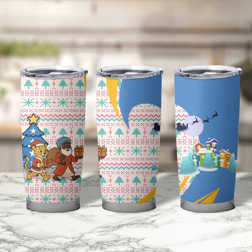 Somalia Christmas Tumbler Cup Santa Cheetah Christmas Tree Village Scene and Festive Snowflake - African Pride