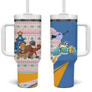Somalia Christmas Tumbler With Handle Santa Cheetah Christmas Tree Village Scene and Festive Snowflake - African Pride