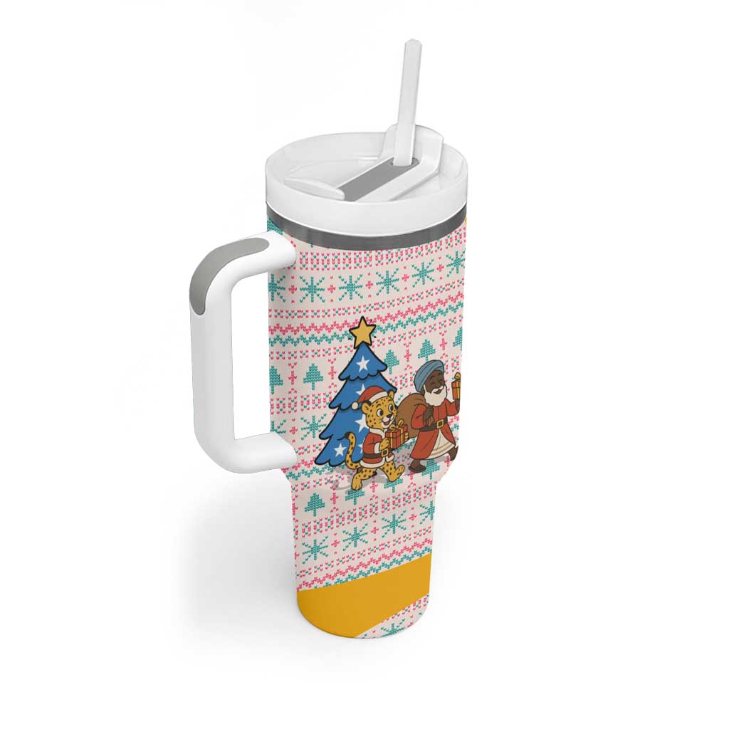 Somalia Christmas Tumbler With Handle Santa Cheetah Christmas Tree Village Scene and Festive Snowflake - African Pride