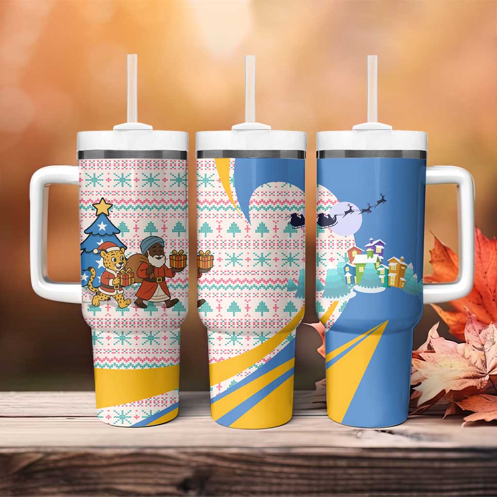 Somalia Christmas Tumbler With Handle Santa Cheetah Christmas Tree Village Scene and Festive Snowflake - African Pride