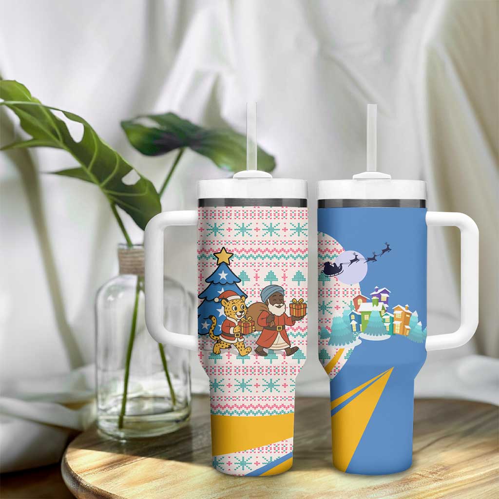 Somalia Christmas Tumbler With Handle Santa Cheetah Christmas Tree Village Scene and Festive Snowflake - African Pride