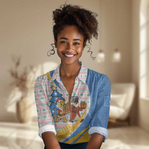 Somalia Christmas Women Casual Shirt Santa Cheetah Christmas Tree Village Scene and Festive Snowflake - African Pride