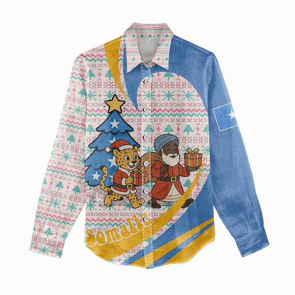 Somalia Christmas Women Casual Shirt Santa Cheetah Christmas Tree Village Scene and Festive Snowflake - African Pride