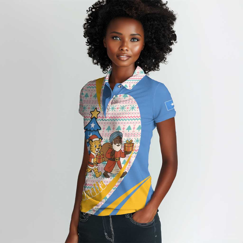 Somalia Christmas Women Polo Shirt Santa Cheetah Christmas Tree Village Scene and Festive Snowflake - African Pride