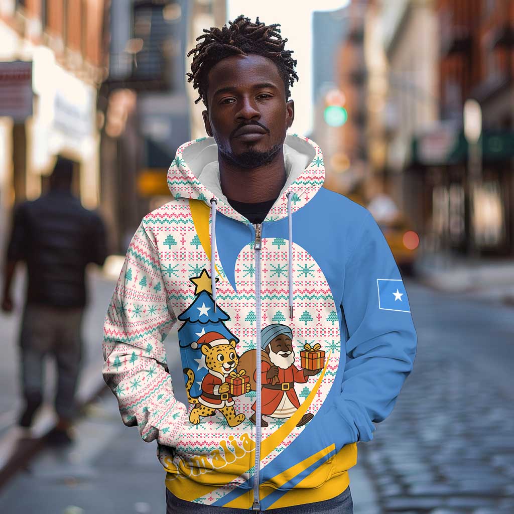 Somalia Christmas Zip Hoodie Santa Cheetah Christmas Tree Village Scene and Festive Snowflake - African Pride