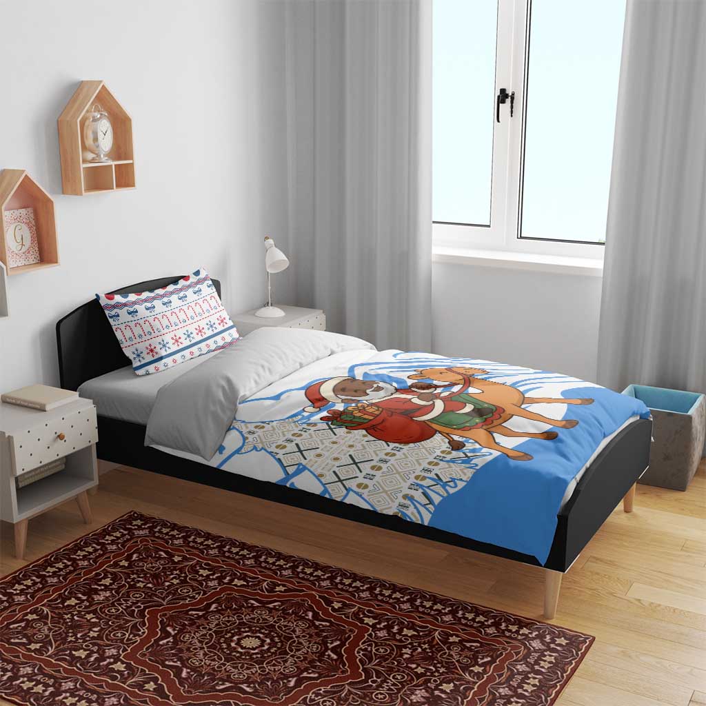 Somalia Christmas Bedding Set Santa on Camel Christmas Tree Ornaments Candy Canes and Snowflake - African Pride