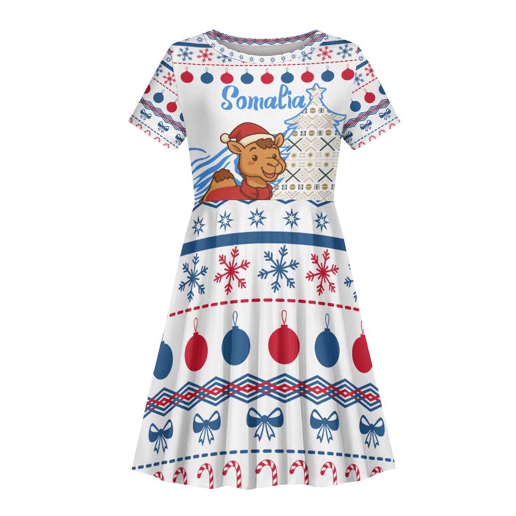 Somalia Christmas Kid Short Sleeve Dress Santa on Camel Christmas Tree Ornaments Candy Canes and Snowflake - African Pride